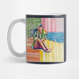 Girl on the beach, the soft breeze blows on her face Mug